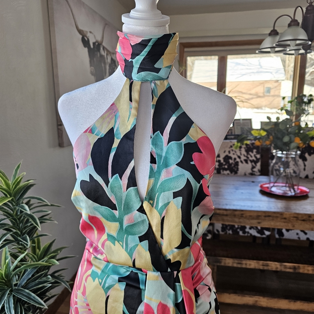 Rosevelvet Tropical Halter Mini Dress With Drape Size S - Picture 10 of 12